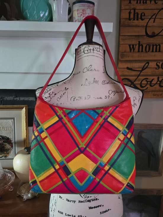 Sharif Handbags - Vintage, Late 80's, Early 90's Colorful Plaid Shoulder Bag in Red, Green & Blue